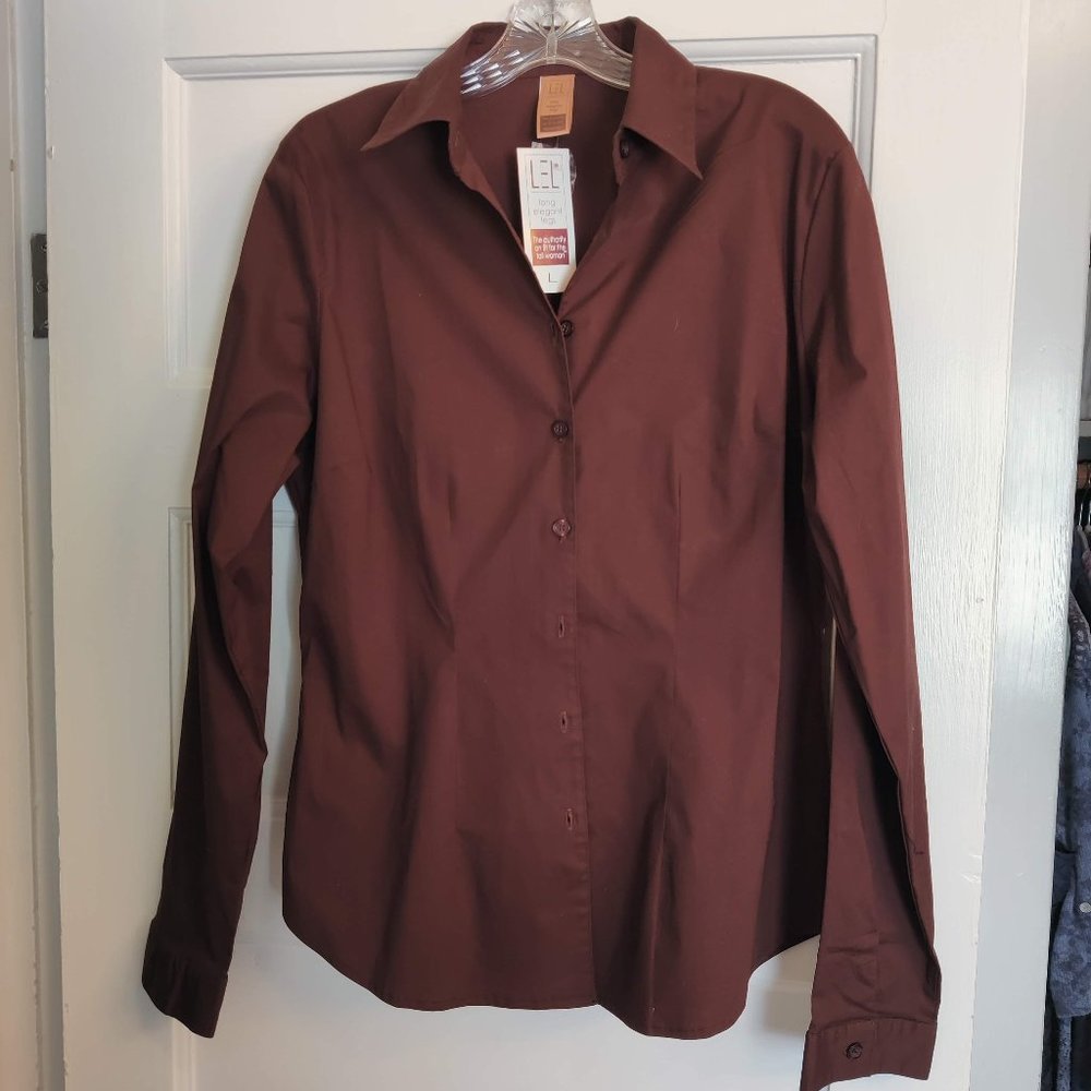 Long Elegant Legs Brown Fitted Blouse, Sz L-Tall